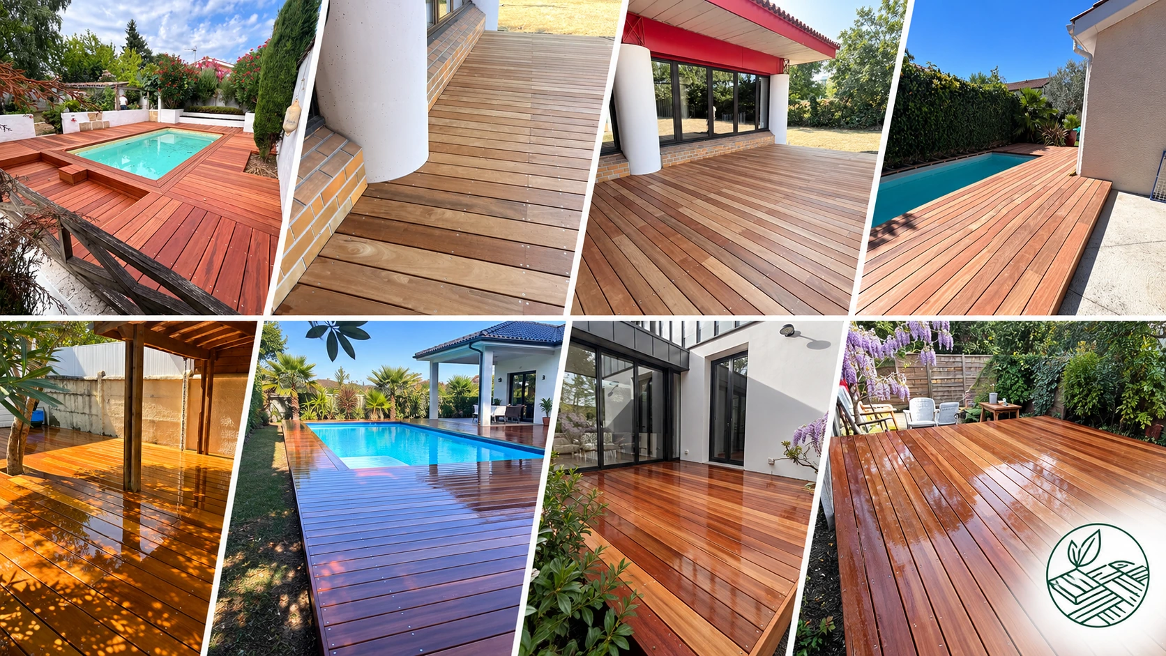 Collage de huit réalisations de terrasses en bois à proximité de Bordeaux, dans des jardins et autour de piscines.