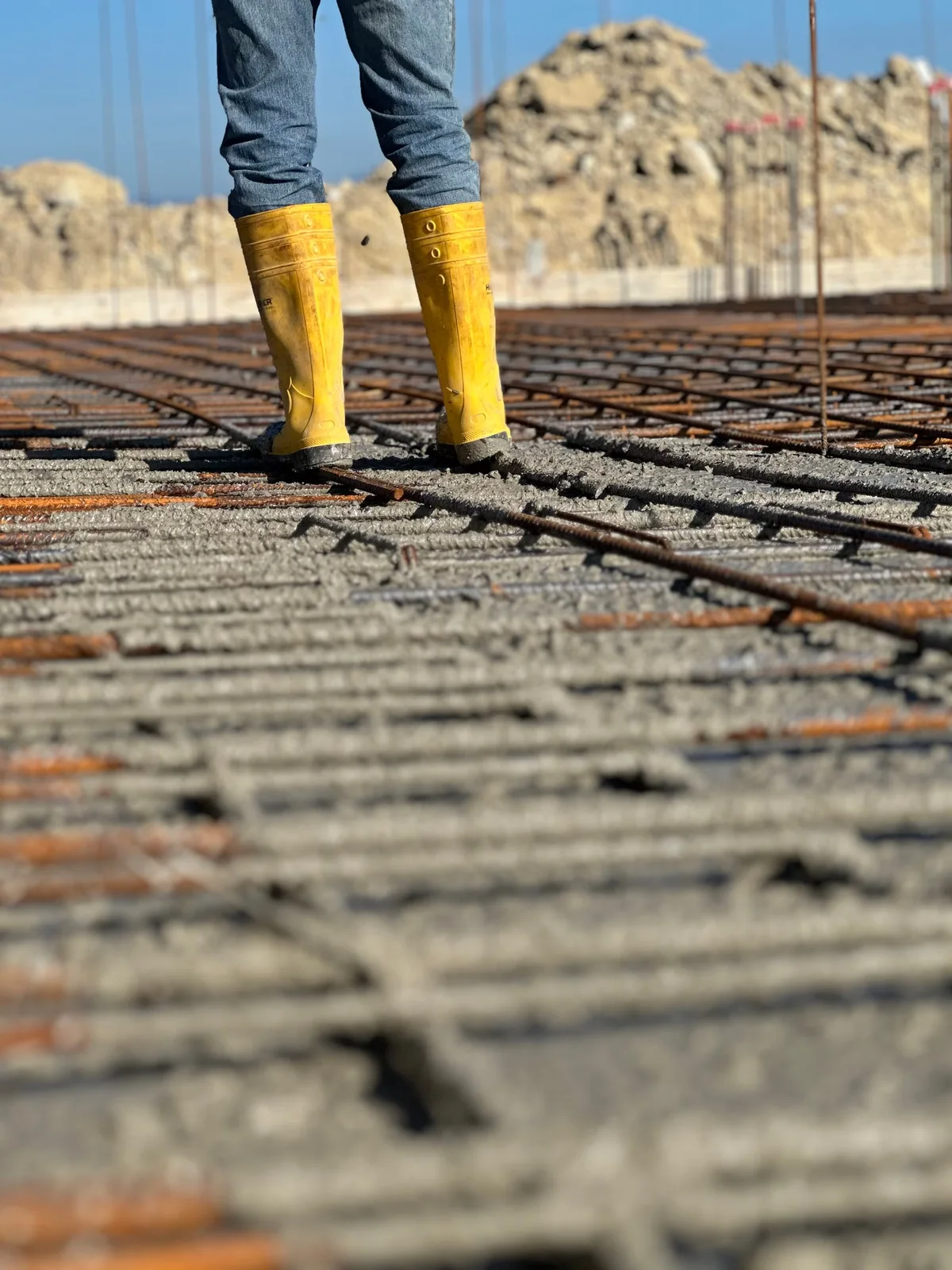 Ouvrier sur une dalle en béton armé en cours de chantier, illustration d'un support béton à contrôler avant de recevoir une terrasse bois