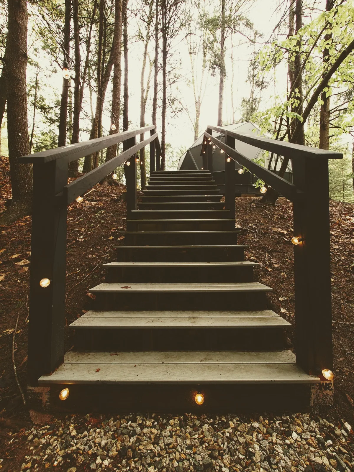 Escalier extérieur en bois équipé d'un garde-corps et de points lumineux, illustration de plusieurs options qui peuvent s'ajouter à une terrasse