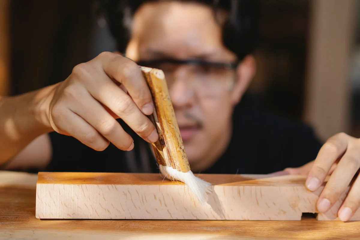 Artisan appliquant une finition au pinceau sur du bois en couche maîtrisée, geste comparable à l'application régulière d'un saturateur