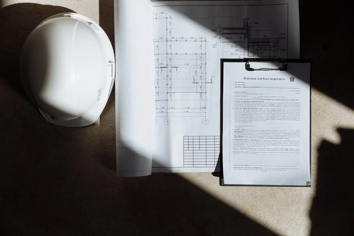 Plans de construction et contrat réunis sur une table, illustration de la lecture du périmètre technique et commercial avant signature