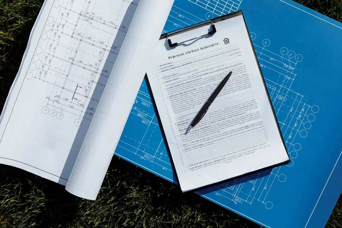 Contrat et plans de construction réunis sur une table, illustration des conditions à vérifier avant d'appliquer un taux de TVA à des travaux
