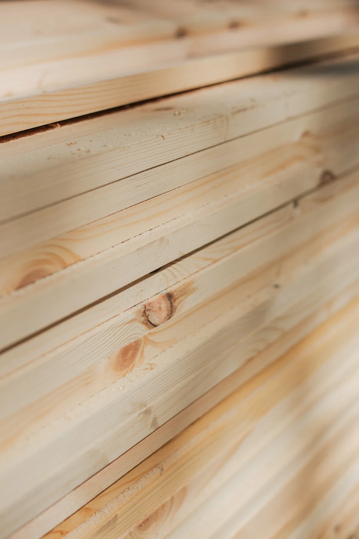 Pile de planches en bois montrant des veinages, teintes et sections différentes avant sélection du matériau