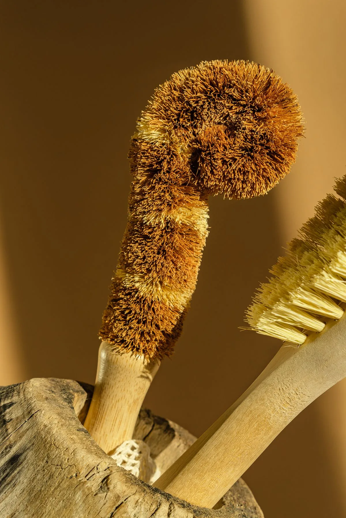 Brosses de nettoyage sur du bois, rappel du petit rituel régulier plutôt qu'un nettoyage agressif ponctuel