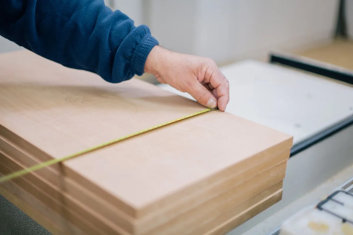 Main contrôlant une planche avec un mètre, illustration des vérifications répétées nécessaires pour conserver des joints réguliers pendant la pose