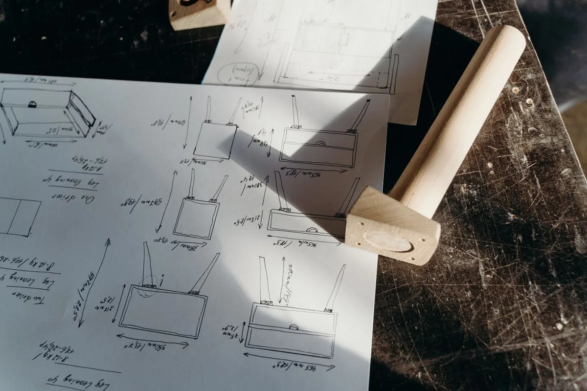 Plans de menuiserie et outils posés sur un établi, illustration des éléments techniques à lire dans un devis de terrasse