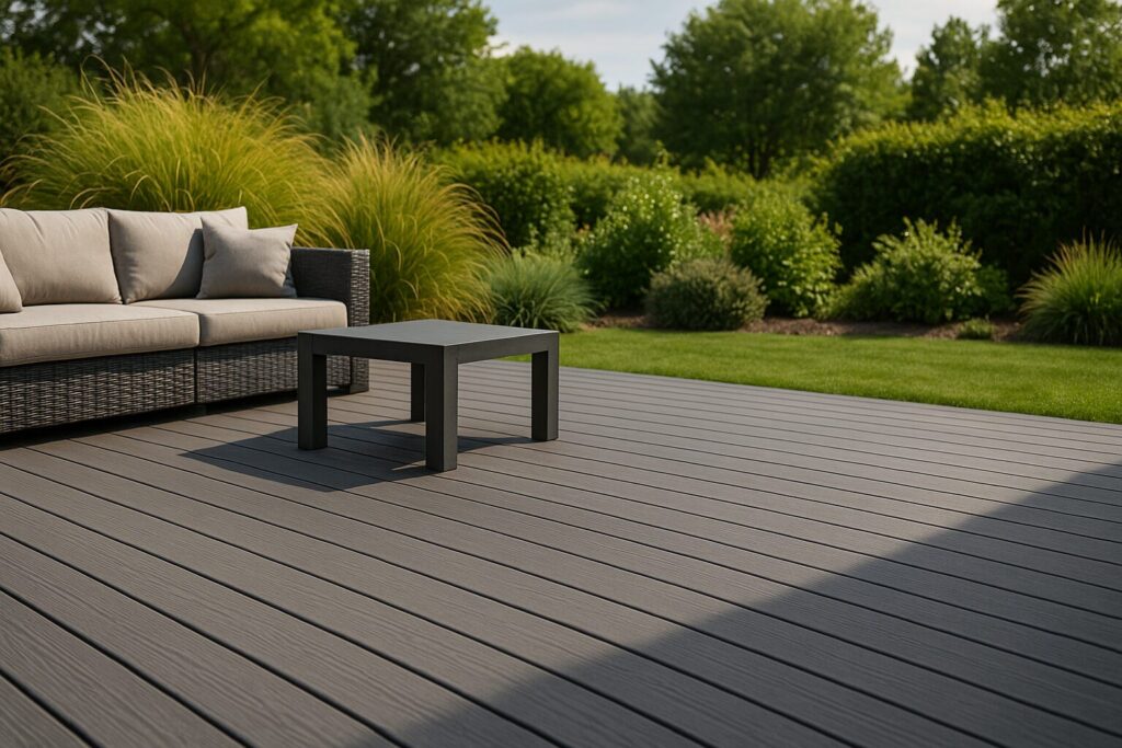 Terrasse en bois composite à l'aspect contemporain, facile d'entretien, posée dans un jardin moderne en Gironde