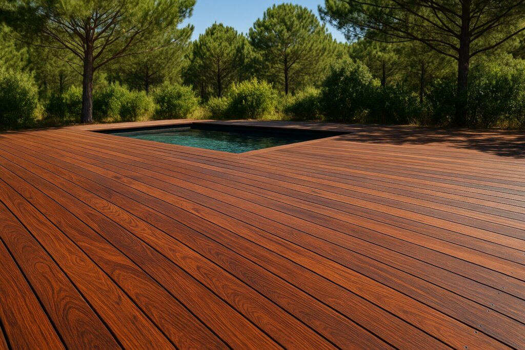 Terrasse en bois exotique ipé autour d'une piscine, pose haut de gamme à Bordeaux et la région bordelaise
