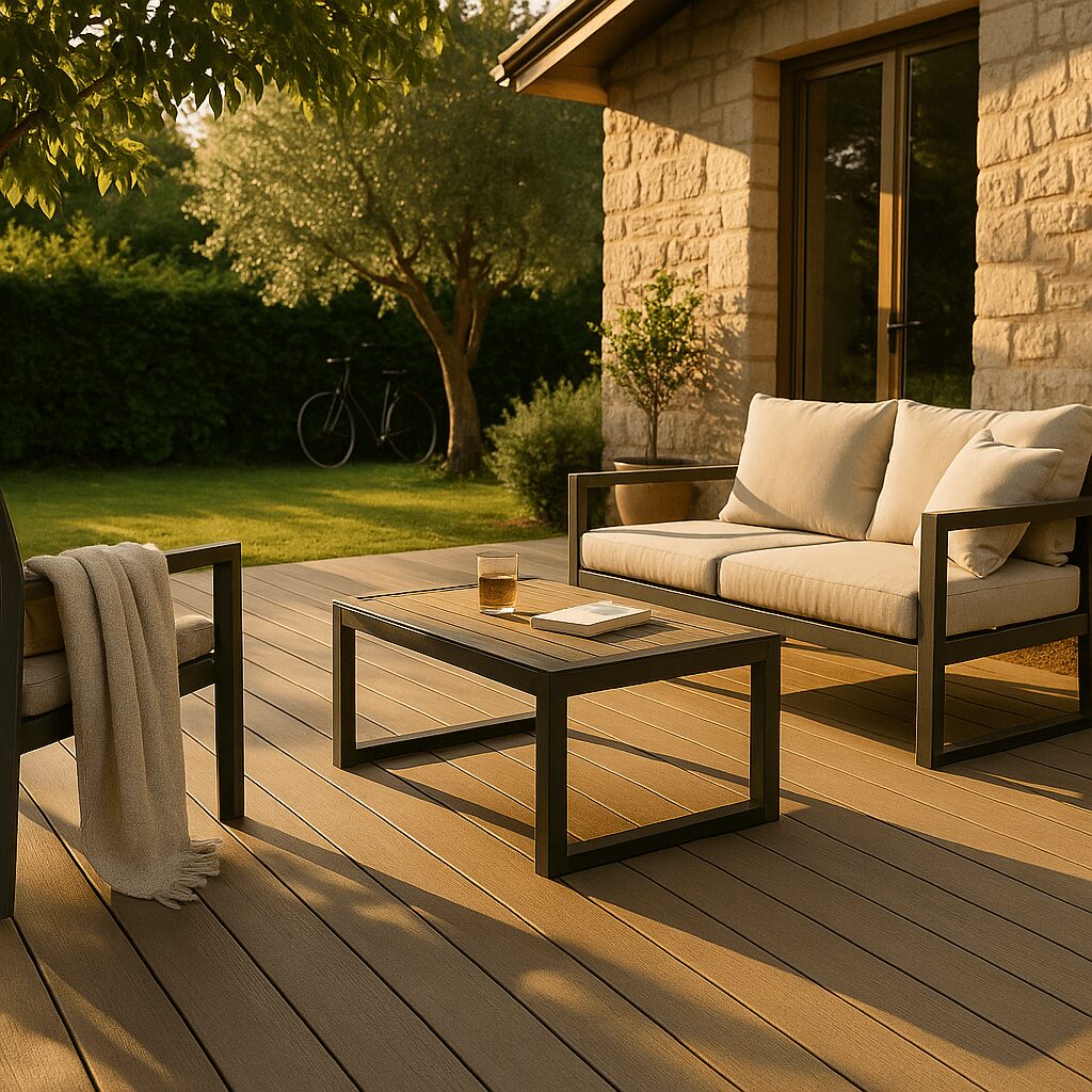 terrasse bois composite installée dans un jardin résidentiel à Pessac – lumière de fin d’après-midi