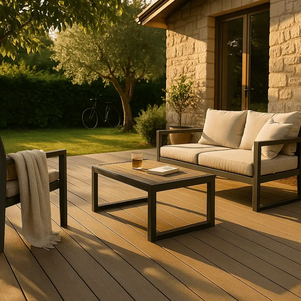 terrasse bois composite installée dans un jardin résidentiel à Pessac – lumière de fin d’après-midi
