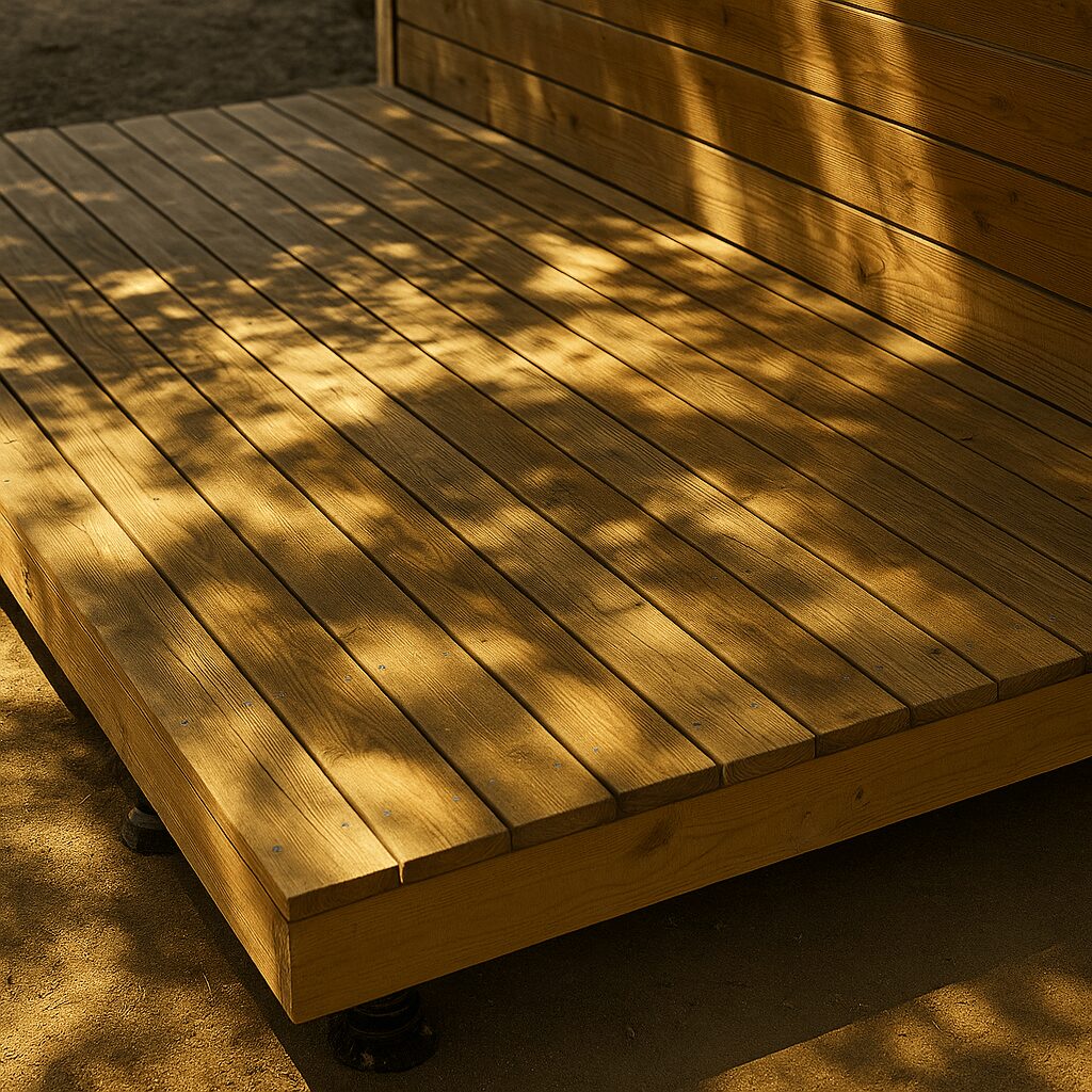 Terrasse sur plots en pin maritime à Pessac, Toctoucau, ensoleillée avec ombre d’arbre projetée sur les lames