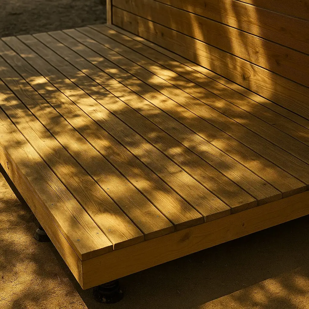 Terrasse sur plots en pin maritime à Pessac, Toctoucau, ensoleillée avec ombre d’arbre projetée sur les lames