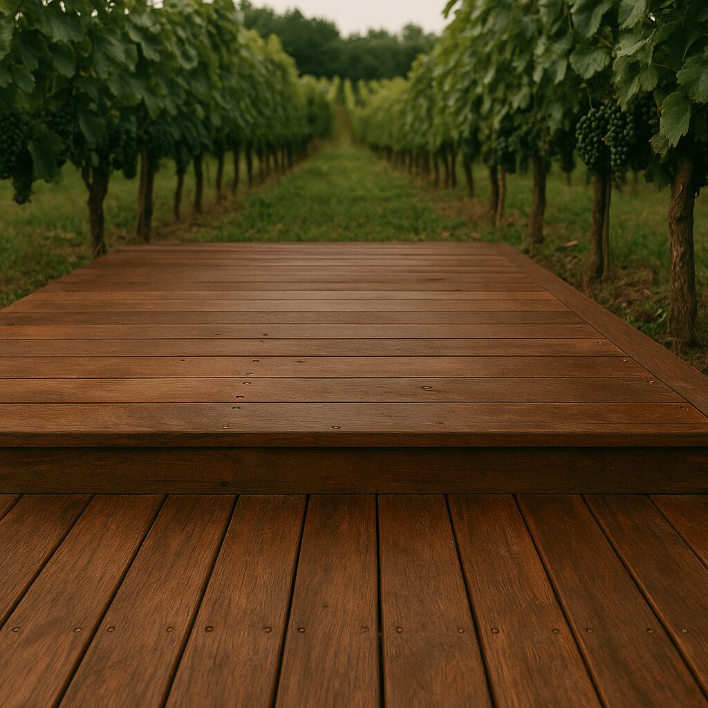 Terrasse en bois d’ipé à Pessac, avec lames vissées, texture naturelle et vignes en arrière-plan