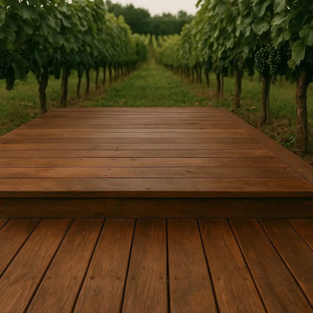 Terrasse en bois d’ipé à Pessac, avec lames vissées, texture naturelle et vignes en arrière-plan