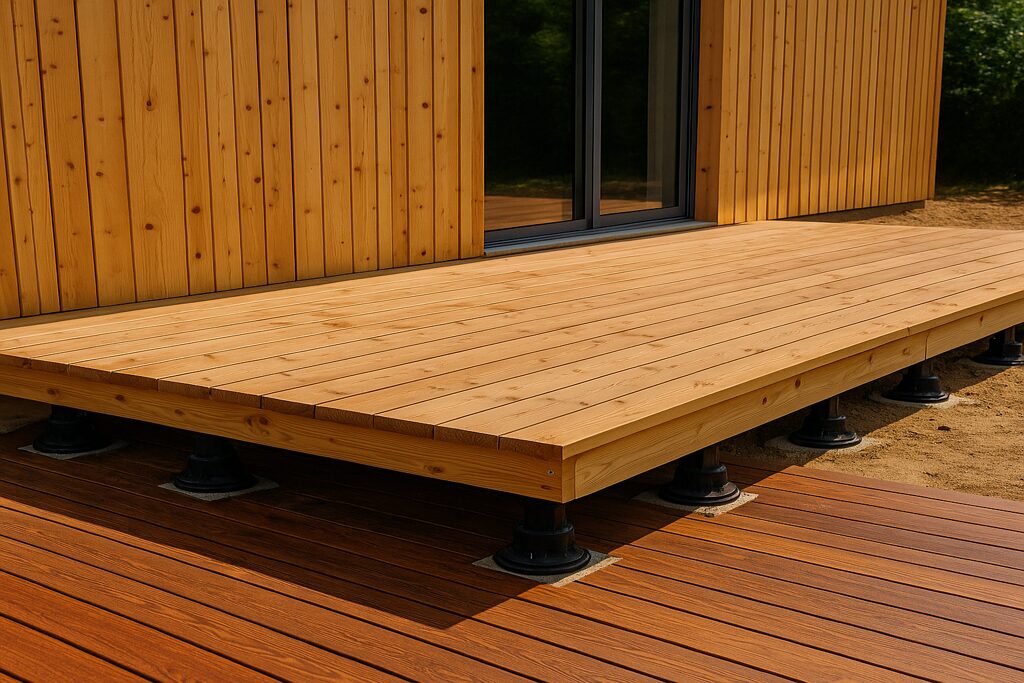 Terrasse en bois posée sur plots sur dalle béton, adaptée à un terrain stabilisé en Gironde