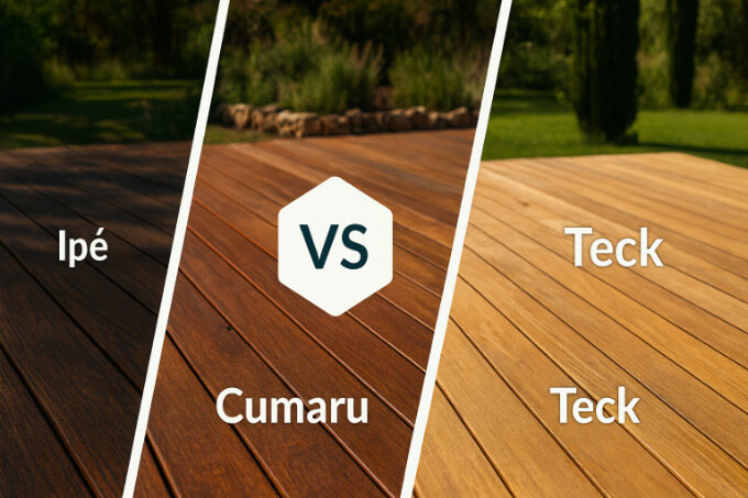 Comparatif bois exotiques pour terrasse : lames d’ipé, cumaru et teck en lumière naturelle