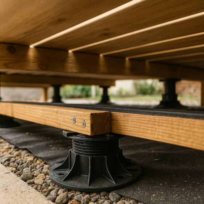 Terrasse bois achevée, pose sur plots avec pente 2 % et drainage, lumière naturelle de fin d’après-midi — Bordeaux