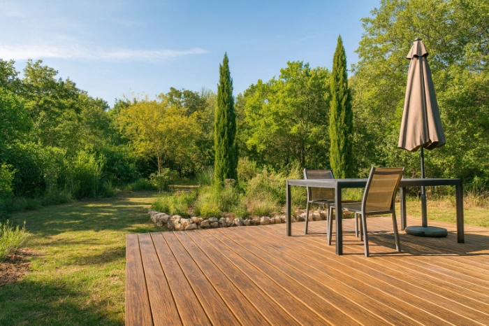 guide choisir le bois de sa terrasse ipé dans un jardin moderne à Bordeaux, vue ensoleillée avec lames brun foncé et mobilier sobre