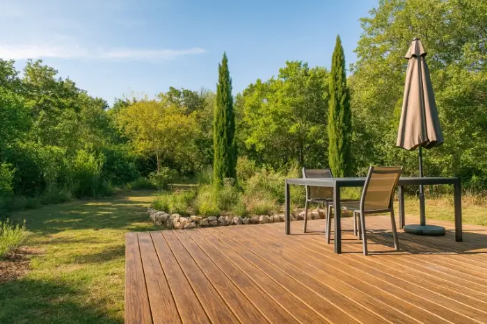 guide choisir le bois de sa terrasse ipé dans un jardin moderne à Bordeaux, vue ensoleillée avec lames brun foncé et mobilier sobre