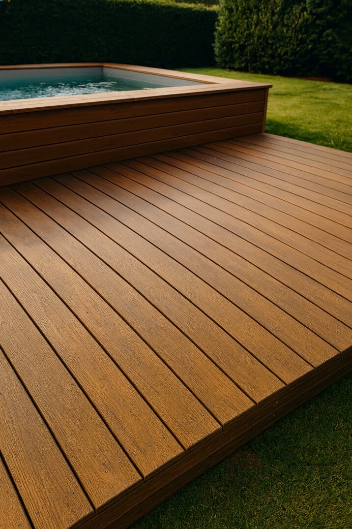 Terrasse en bois composite installée à Talence, quartier Peixotto — finition haute densité avec lames modernes, parfaite pour un jardin résidentiel sans entretien.