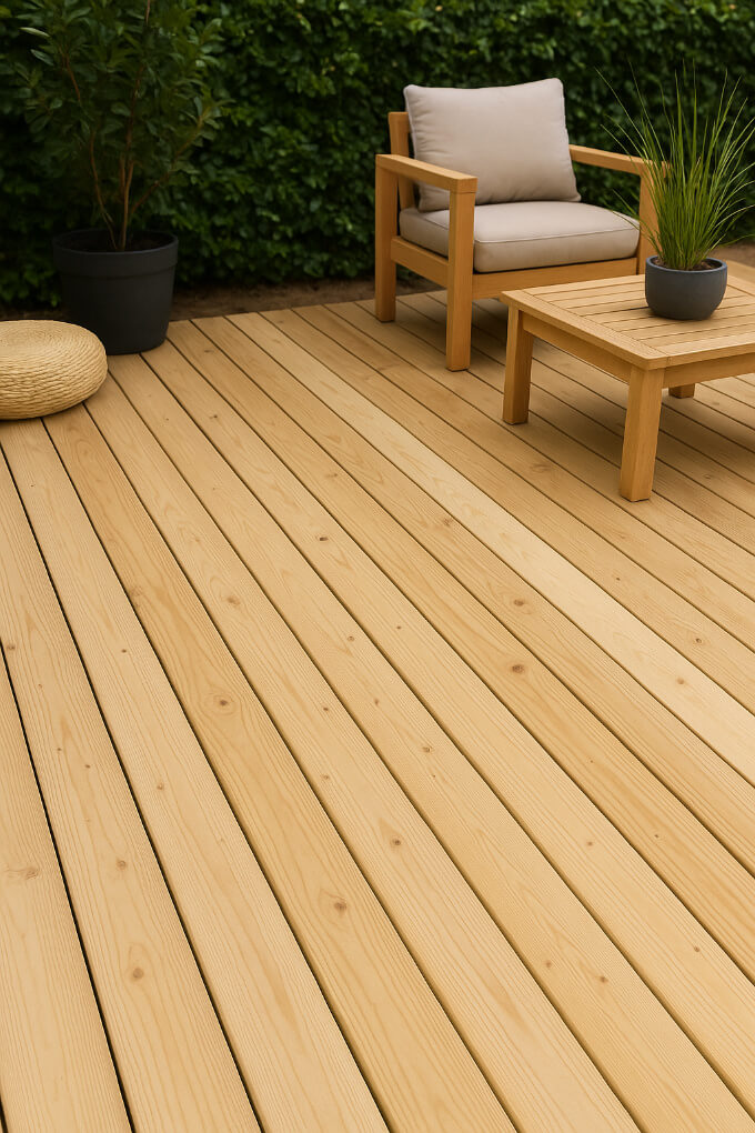 Terrasse en pin maritime autoclave, bois classe 4 traité, avec veinage naturel visible, posée en extérieur sous lumière naturelle.