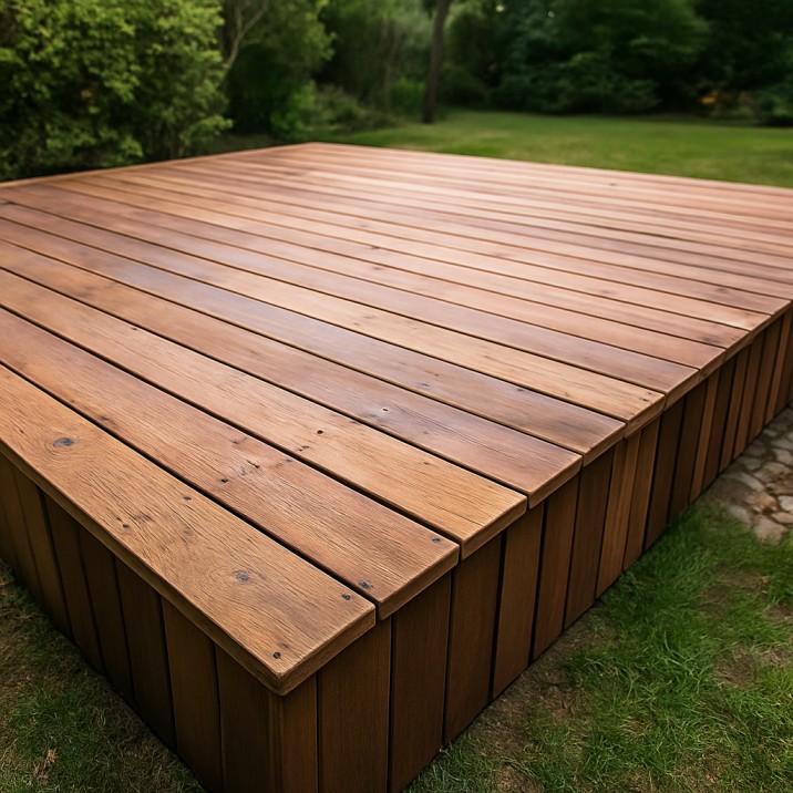 terrasse en bois surélevée en ipé attenante à une baie vitrée, recouvrant toute la pelouse sauf un coin végétalisé, avec bardage apparent sur les côtés — réalisation typique à Talence THOUARS