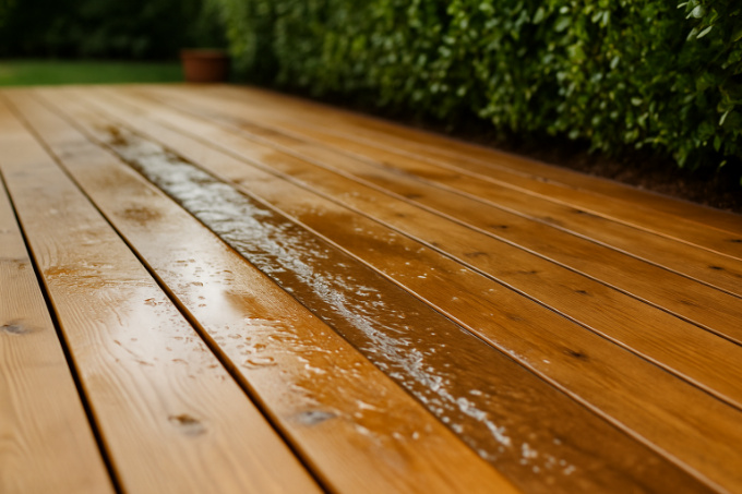 Terrasse en bois légèrement mouillée avec écoulement naturel de l’eau vers l’extérieur, illustrant la bonne pente et le drainage efficace pour éviter les flaques