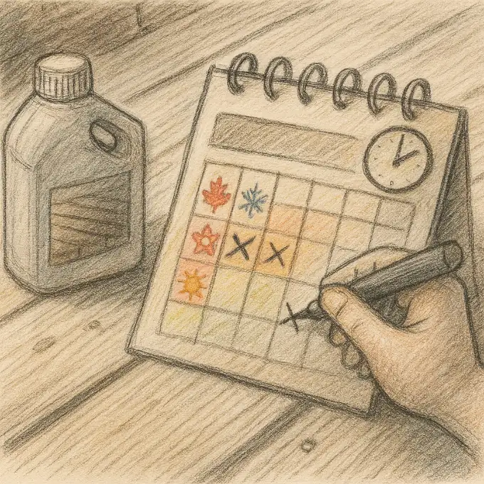 croquis d'une terrasse bois illustrant les différentes étapes d'entretien en fonction du calendrier et des saisons