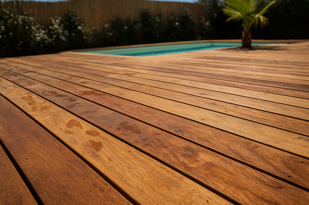 Terrasse en bois d’ipé près d’une piscine, lumière naturelle dans le quartier de Bordeaux caudéran et Le Bouscat