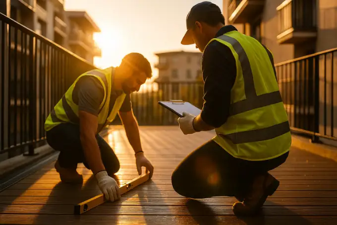 Inspection d’une terrasse bois en copropriété : mesure au mètre, niveau, garde-corps et grille d’évacuation — vérification des normes