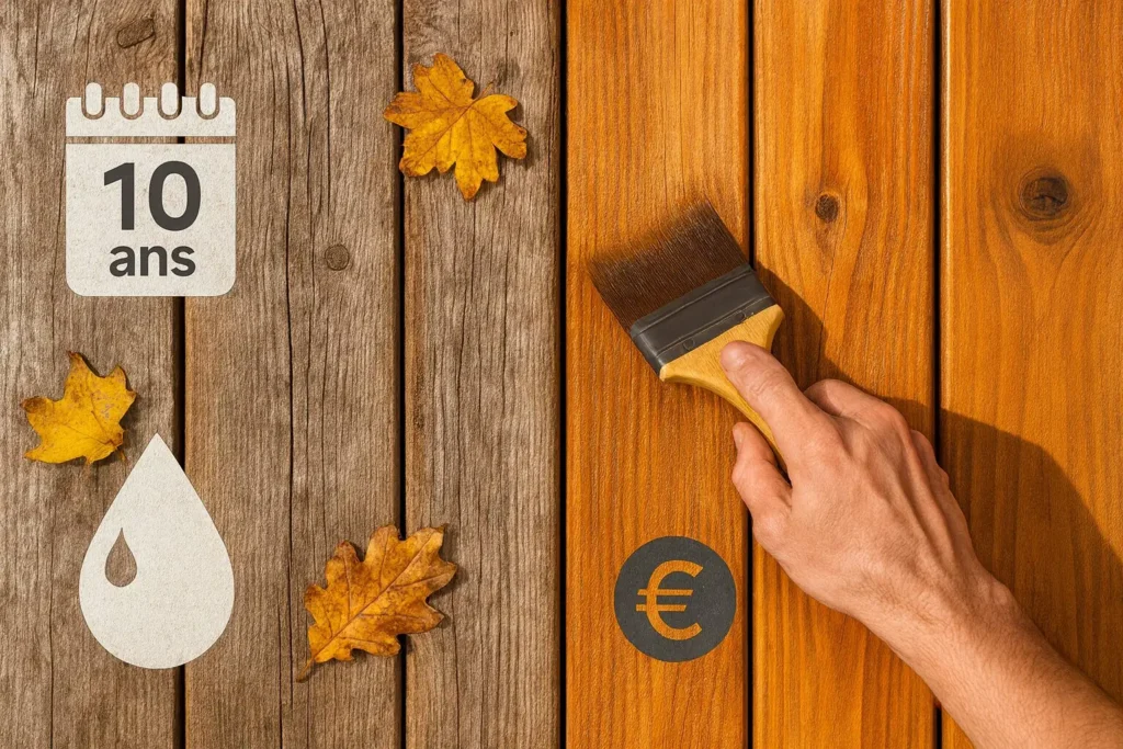 Application de saturateur sur terrasse bois – avant/après – budget d’entretien sur 10 ans (Bordeaux)