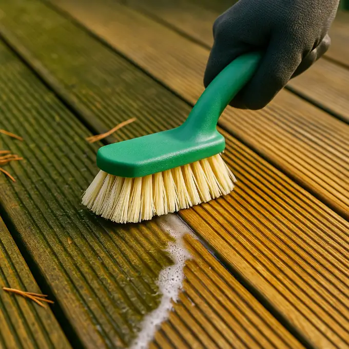 Nettoyage doux d’une terrasse en bois : brosse nylon, film d’eau, inter-lames dégagés pour limiter la mousse