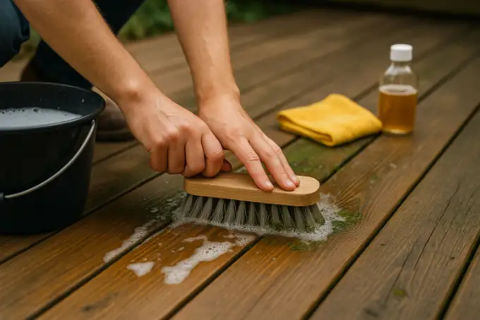 Entretien terrasse bois : brossage doux des lames mouillées avec eau savonneuse pour enlever la mousse avant protection (saturateur)