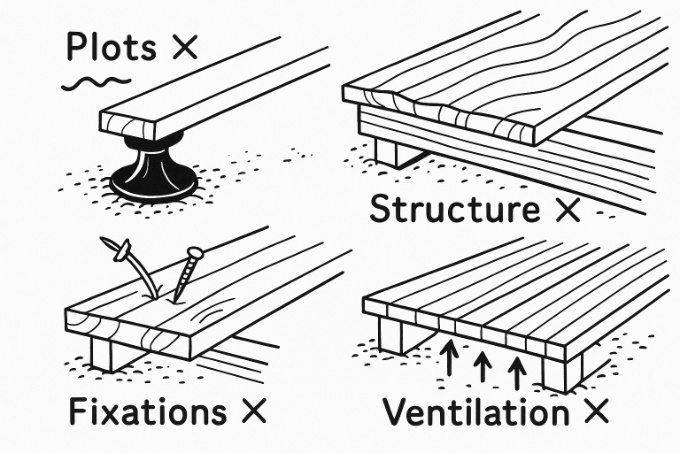 Terrasse bois bien posée, sans erreurs courantes (plots stables, entraxes respectés, visserie inox)