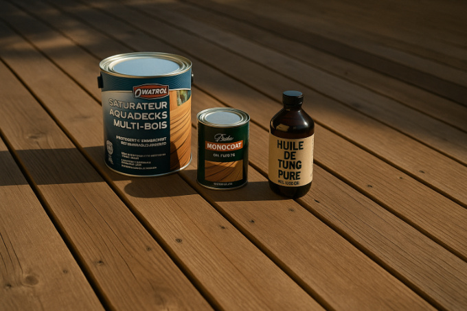 Produits de protection pour terrasse bois sur un platelage ensoleillé : saturateur Owatrol Aquadecks, huile Rubio Monocoat et huile de tung pure.