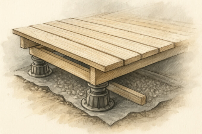 Croquis réaliste d’une terrasse bois : plots réglables, lambourdes, géotextile et couche drainante, ventilation du plénum (pente 1–2 %), lumière naturelle.