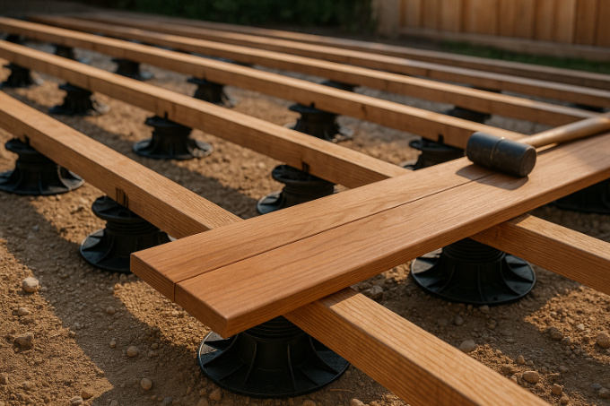 Construction d’une terrasse en bois sur plots réglables, en extérieur, avec lambourdes posées et lumière naturelle