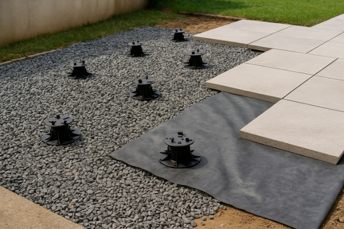 ue réaliste d’un chantier de terrasse bois en préparation avec sol décaissement, lit de gravier, géotextile déroulé et plots prêts à recevoir les lambourdes, sous une lumière naturelle