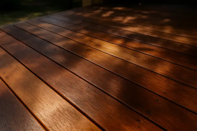 Terrasse en bois exotique estimation du prix au m2 posée (Ipé/Cumaru) – lames brunes, vis apparentes, micro-marques, lumière naturelle