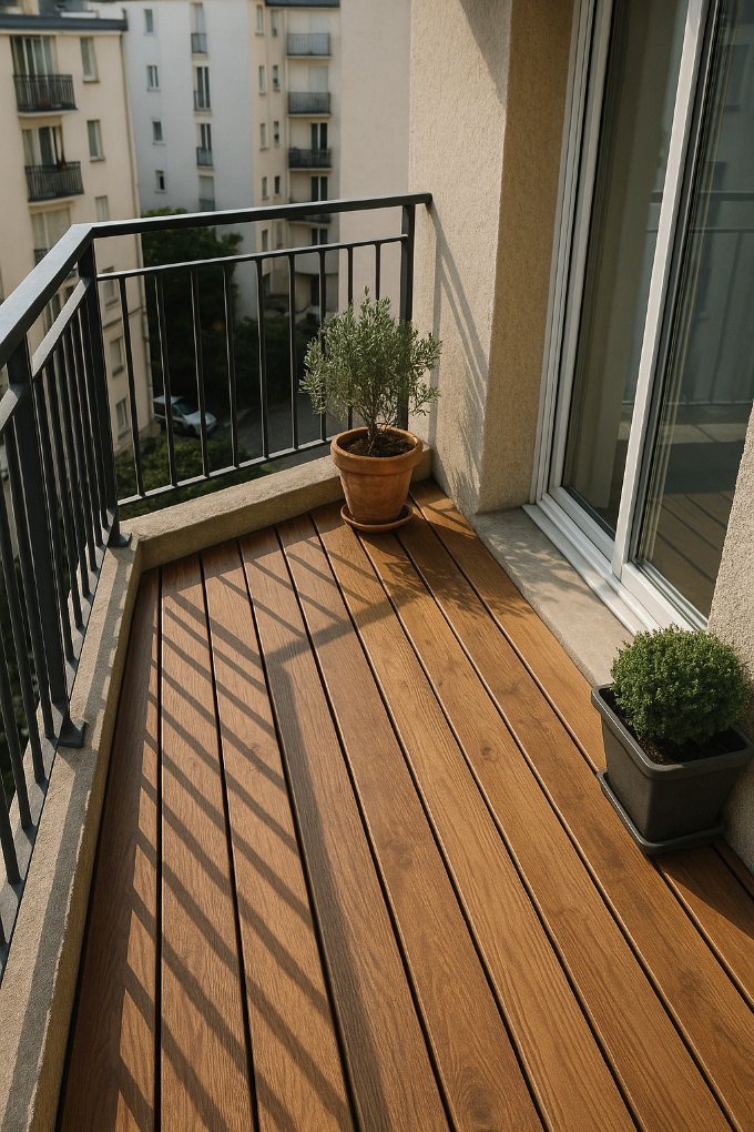 Illustration réaliste d’un balcon en bois avec terrasse posée sur plots et lambourdes, montrant la fixation des lames et le respect des jeux de dilatation en milieu contraint.