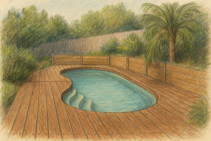 Terrasse en bois exotique ipé rainuré autour d’une piscine, lumière naturelle d’été avec lames texturées et vis apparentes.