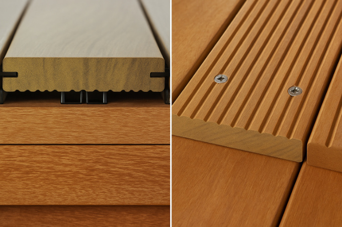 Comparatif vissage terrasse bois : fixation invisible par clips et fixation apparente avec vis visibles sur la lame