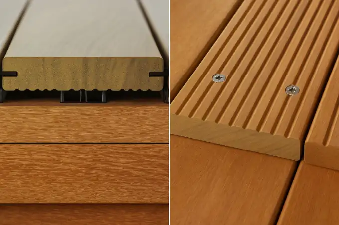 Comparatif vissage terrasse bois : fixation invisible par clips et fixation apparente avec vis visibles sur la lame