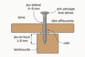 schéma de couper pour visser une vis inox afin de réparer une lame de terrasse en bosi exotique