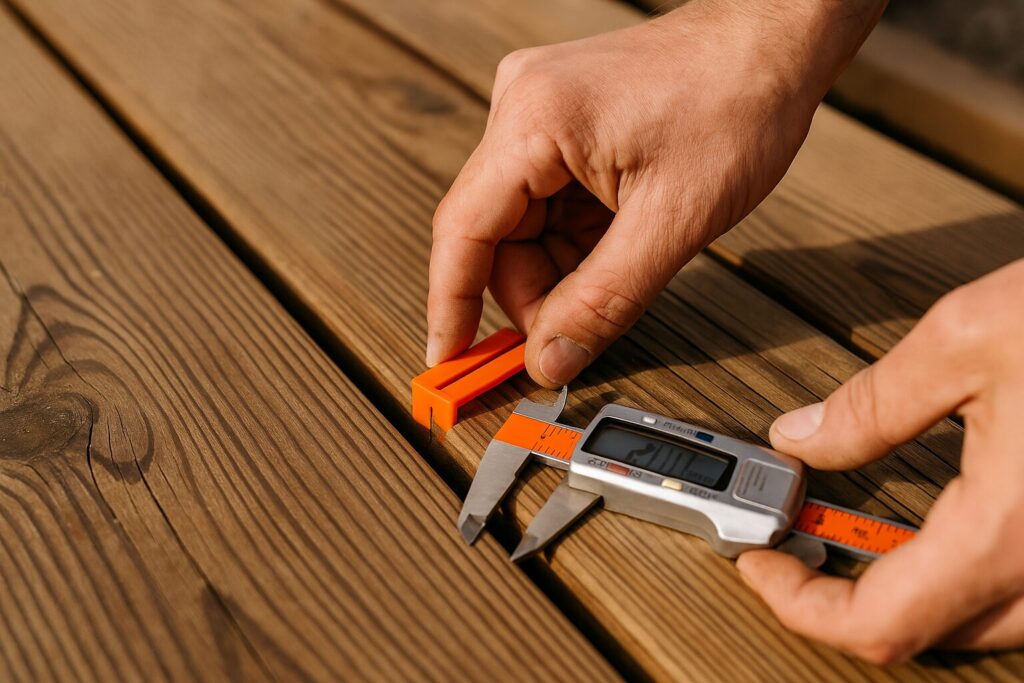 Gros plan réaliste sur des lames de terrasse bois avec un espaceur entre elles, main en train de contrôler l’écart (3–6 mm), éclairage naturel.