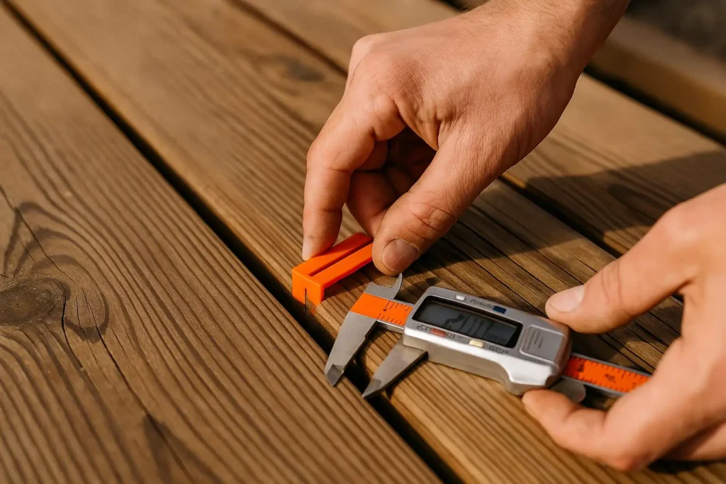 Gros plan réaliste sur des lames de terrasse bois avec un espaceur entre elles, main en train de contrôler l’écart (3–6 mm), éclairage naturel.