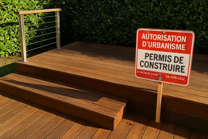 Autorisation d’urbanisme – Permis de construire devant une terrasse en bois avec garde-corps inox et marches éclairées.