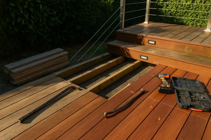Dépose et remplacement d’une terrasse en bois exotique : lames d’ipé retirées, lambourdes visibles, outils sur le platelage.
