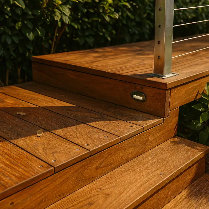 Escalier de terrasse en bois exotique (ipé/cumaru) avec LED encastrées et garde-corps inox à câbles, sous soleil de midi ; veinage et micro-défauts visibles.