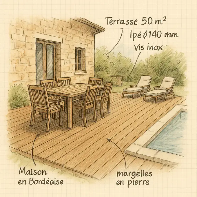Terrasse bois en ipé de 50 m² attenante à une maison en pierre bordelaise, vis inox apparentes et margelles en pierre — illustration du prix pose incluse.